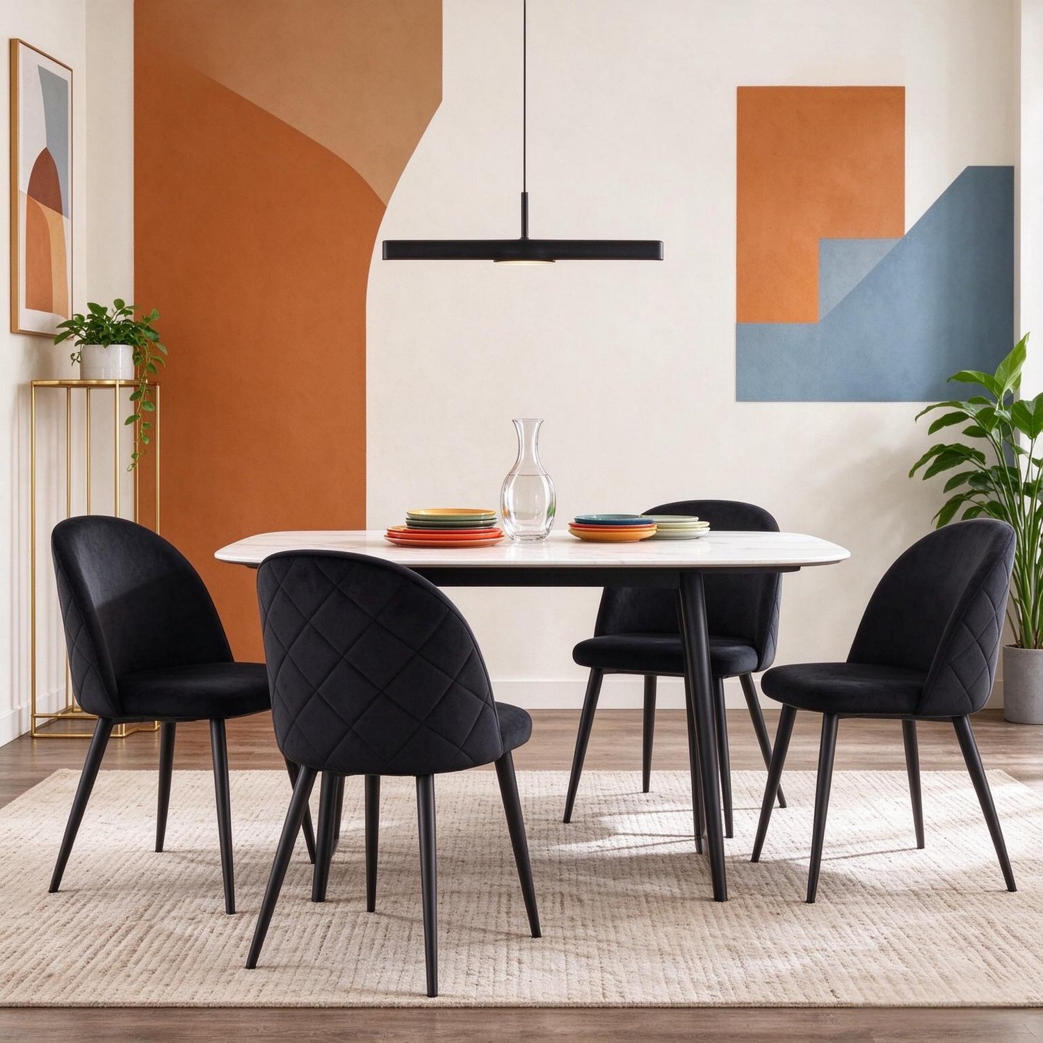 FloraGrace Eetkamerstoelen Set van 4 - Gebogen Rugleuning en Zachte Zitting - Voor Eetkamer en Keuken - Fluweel en Metaal - Zwart
