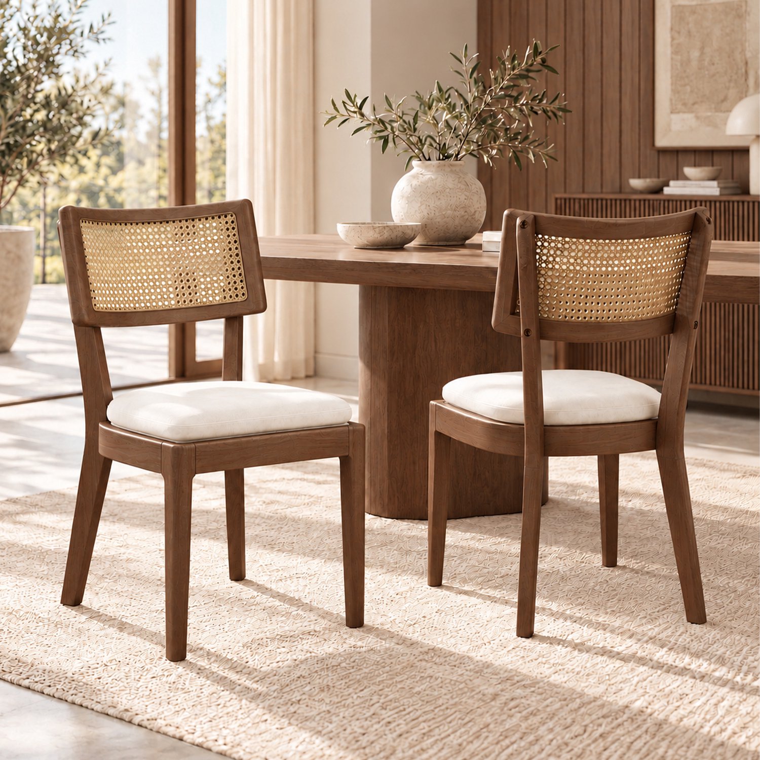 OKWISH Eetkamerstoelen Set van 6 - Rotan Rugleuning en Zachte Zitting - Eetkamer en Woonkamer - Hout en Linnen - Walnootbruin en Beige