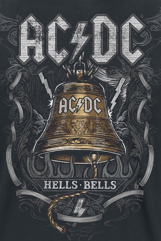 Zwart AC/DC T-shirt met een gouden 'Hells Bells' klok print, bliksemschichten en decoratieve details.