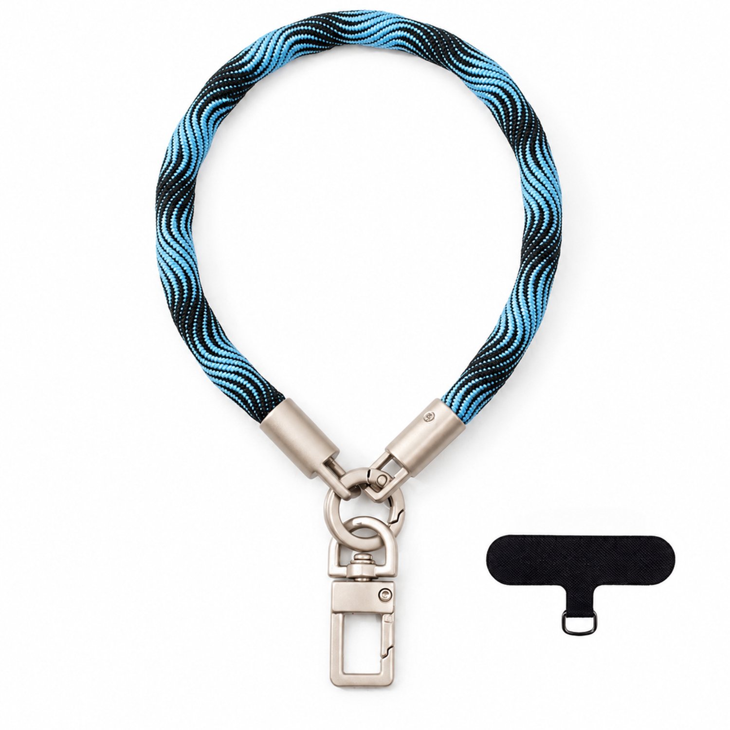 Telefoonkoord voor de pols, 7 mm, blauw-zwart gevlochten koord met metalen sluiting en nylon bevestigingslipje