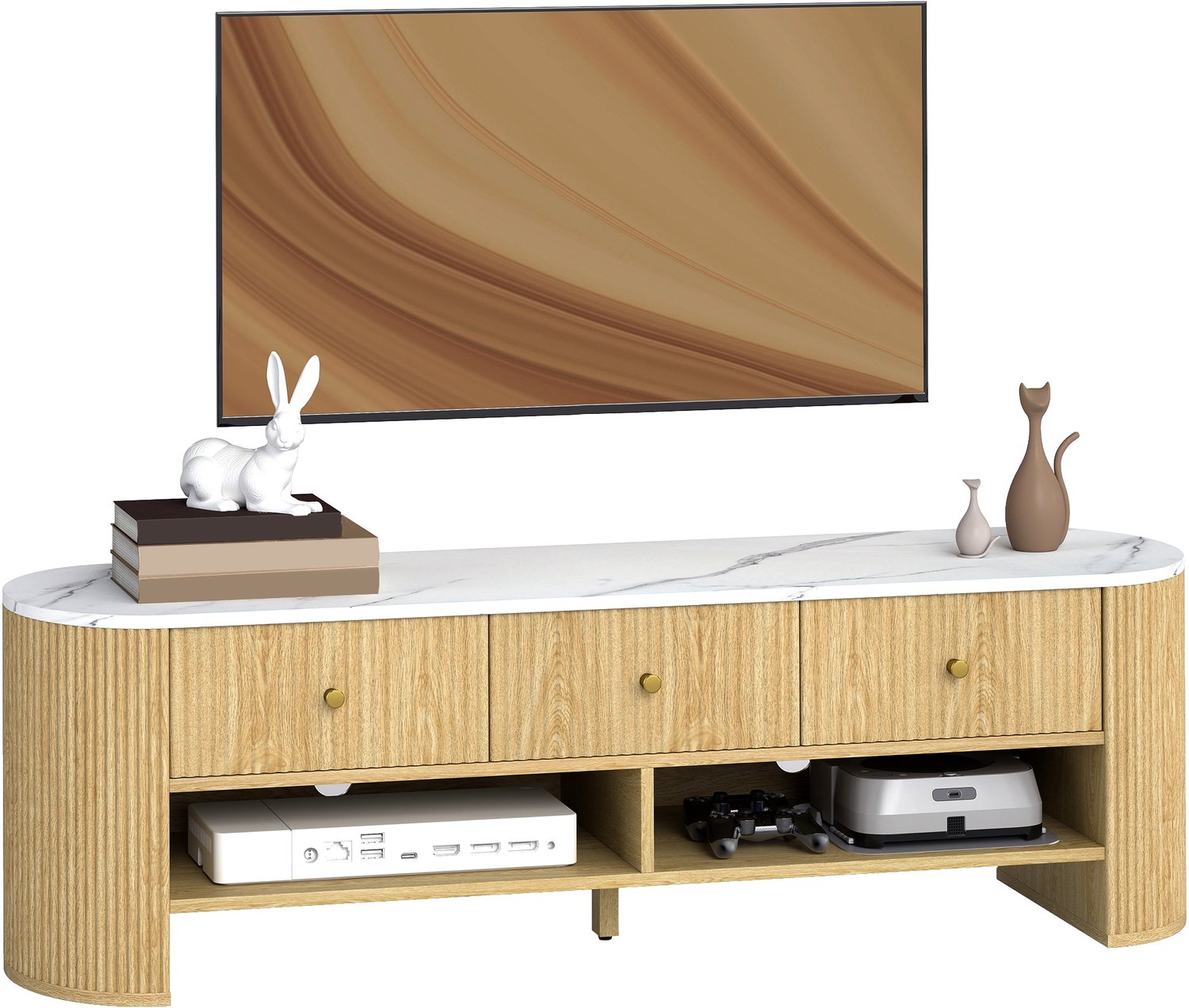Lunpog TV-meubel 140 cm - tv-meubel voor een 65-inch televisie met marmerlook - 3 lades met geribbelde fronten en 2 zwarte planken