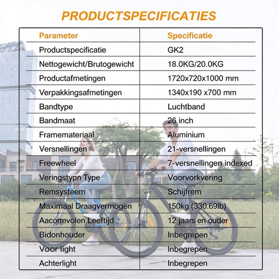 Productspecificaties tabel voor de RCB GK2 mountainbike, inclusief gewicht, afmetingen en technische onderdelen.