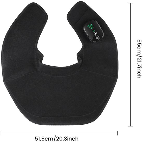 Zwarte schouderverwarmer met afmetingen van 51,5 cm bij 55 cm en digitaal display.