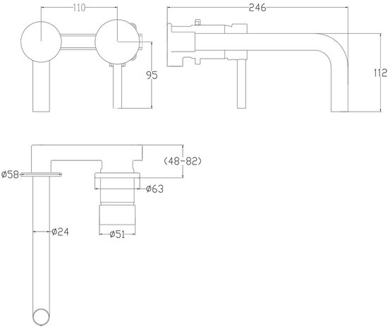 Technisch schema van een inbouw wastafelkraan met afmetingen in millimeter.