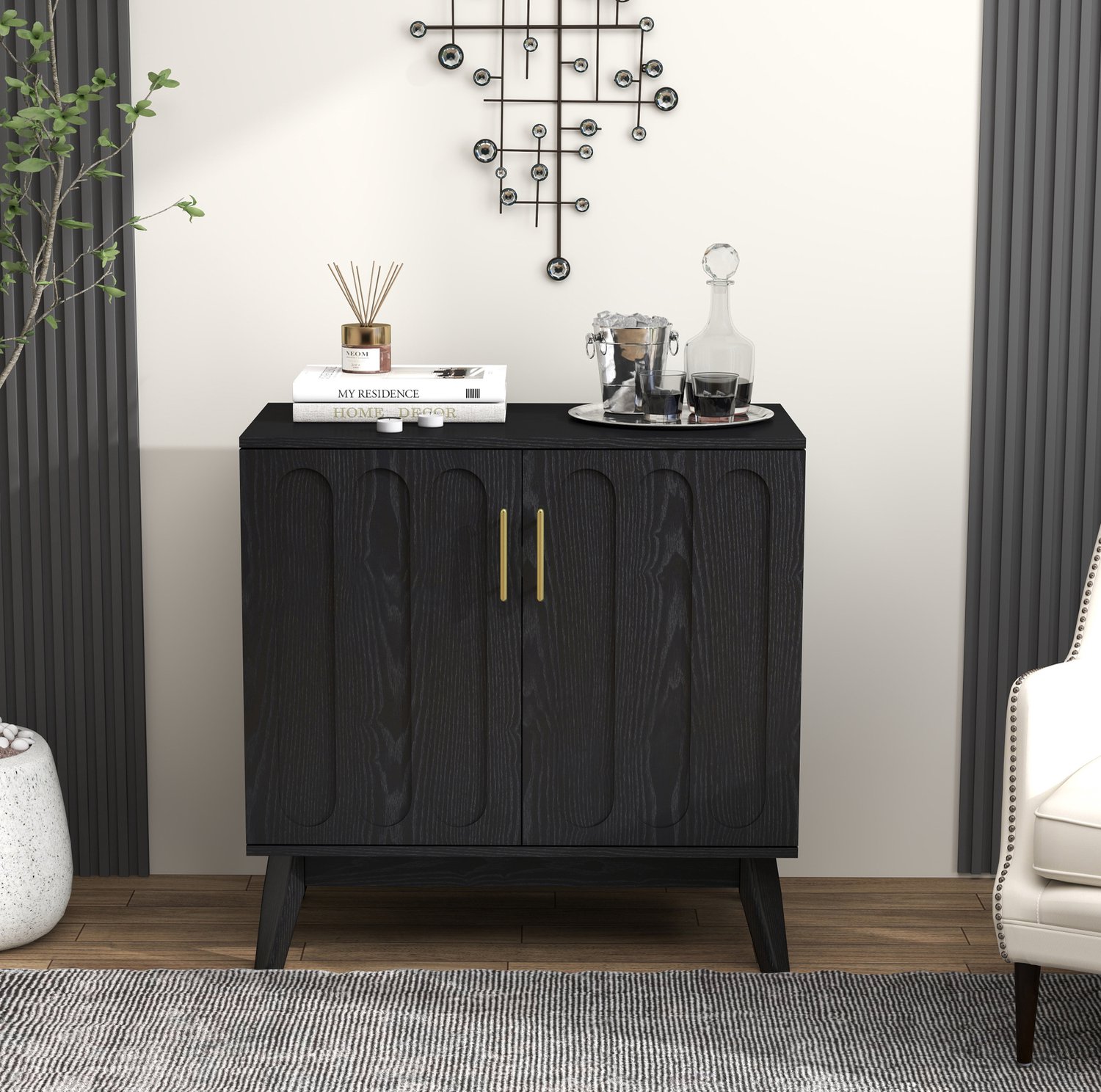 MODFU Dressoir - Geribbelde Deuren - Verstelbare Planken - Zwart - 80,01 X 40,01 X 80,01 Cm