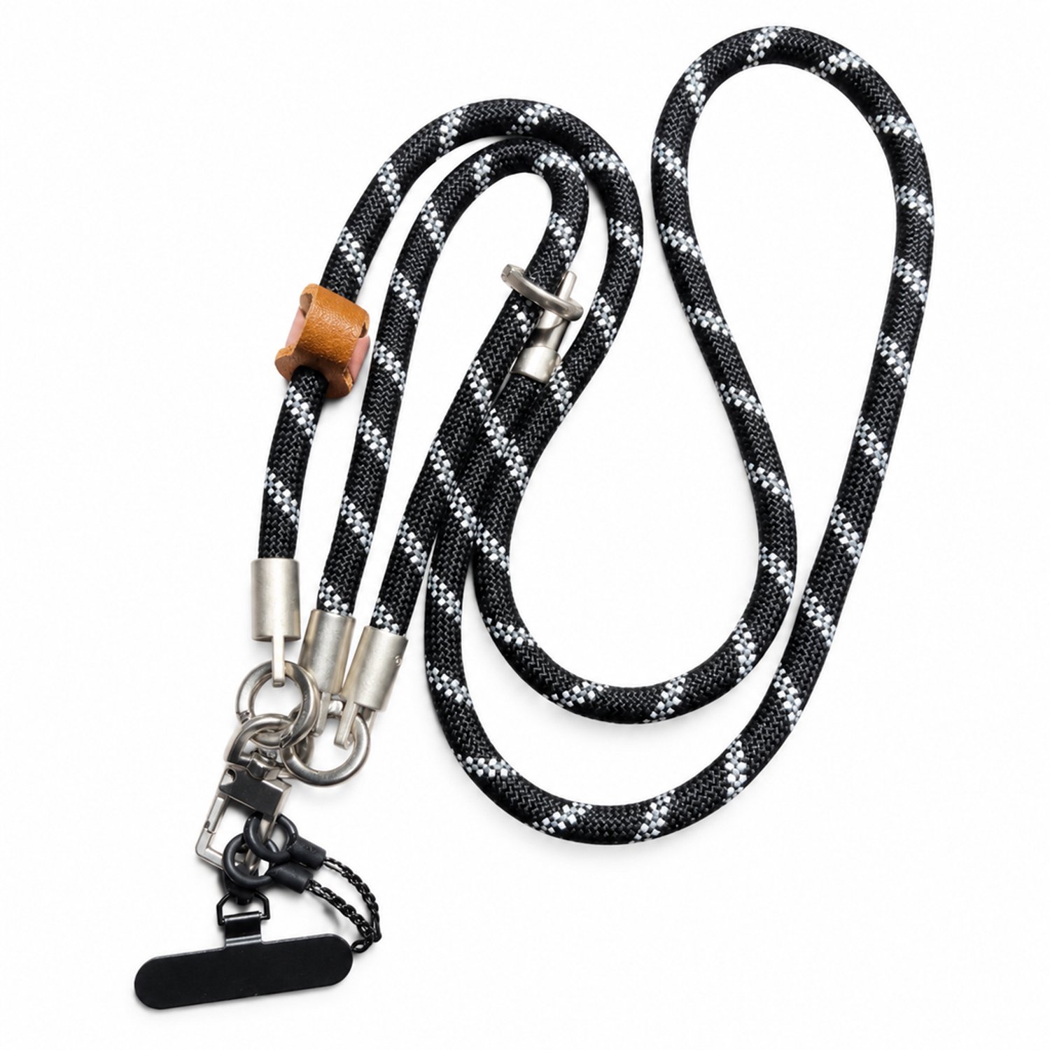 Telefoonkoord van nylon met zwart-wit patroon, lang model voor nek en crossbody, met bevestigingsplaatje en koord met twee uiteinden