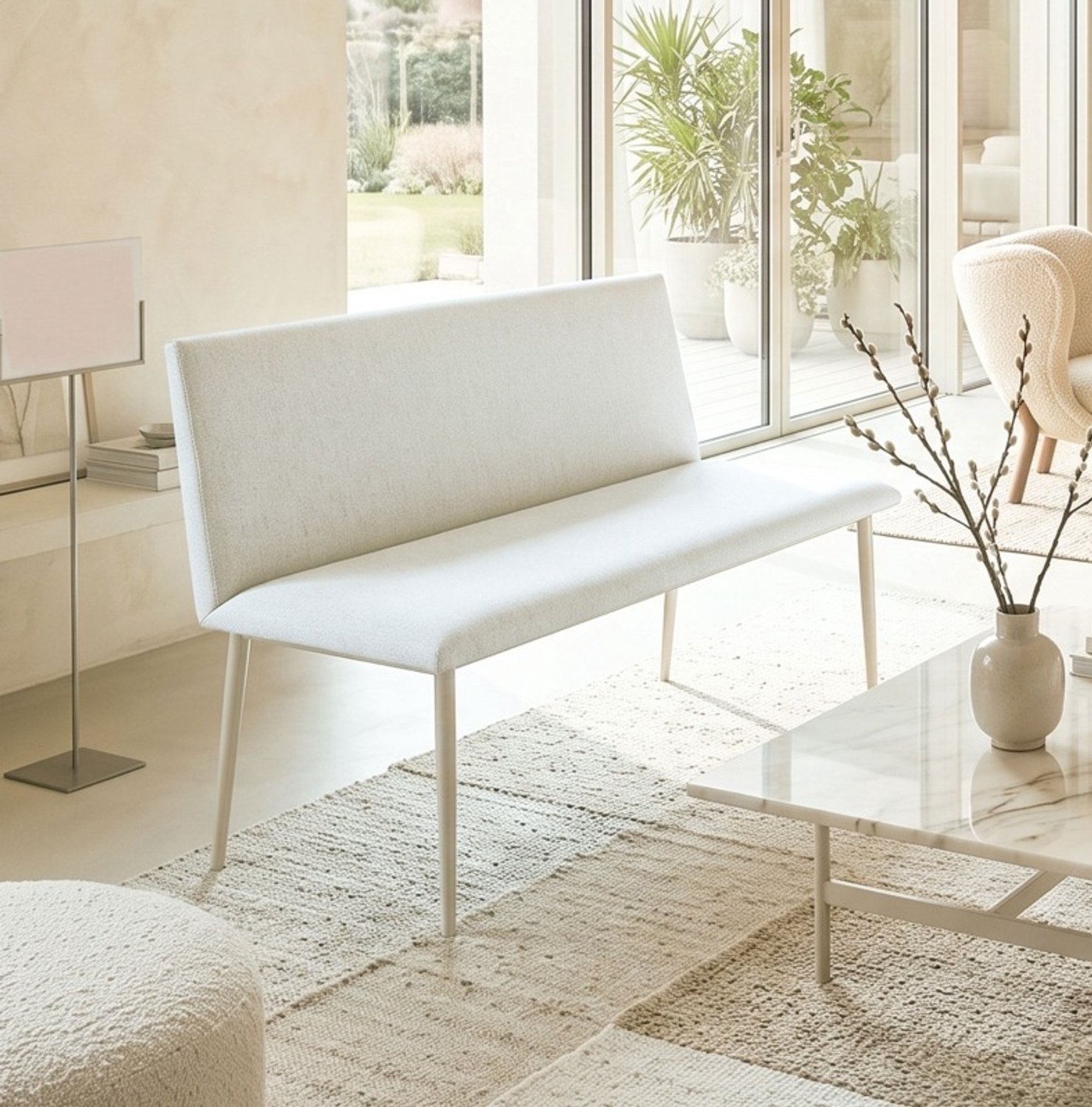 DESMIU Eetbank – Zonder Armleuningen – 120 x 61,5 x 85 cm – Polyester en Metaal – Beige – Met Gestoffeerde Rugleuning – Voor Eetkamer