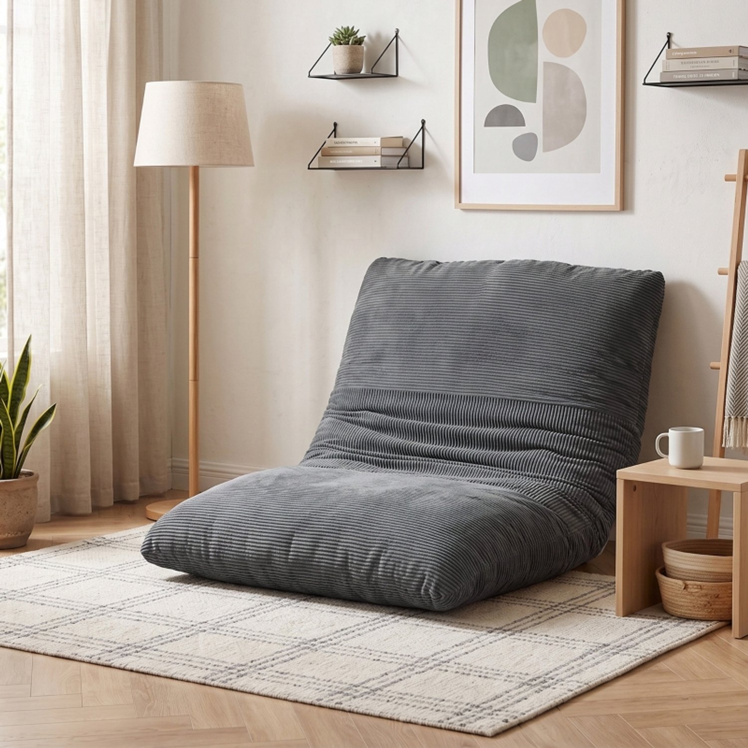 OKWISH Slaapbank 145 x 98 x 95 cm - Opvouwbare Vloerbank voor Twee en Logeerbed - Woonkamer en Slaapkamer - Ribfluweel - Donkergrijs