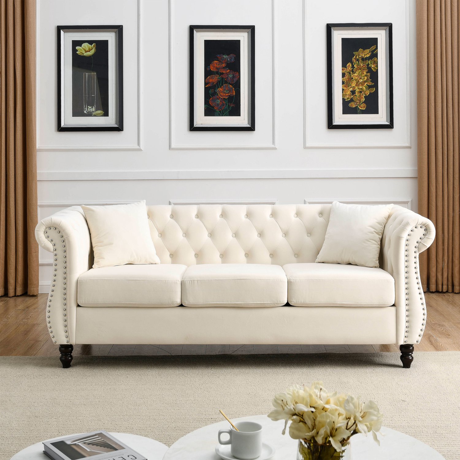 OKWISH Chesterfield Bank 203 cm - 2-Zits met Gecapitonneerde Rug en Gebogen Armleuningen - Voor Woonkamer of Kantoor - Fluweel - Beige