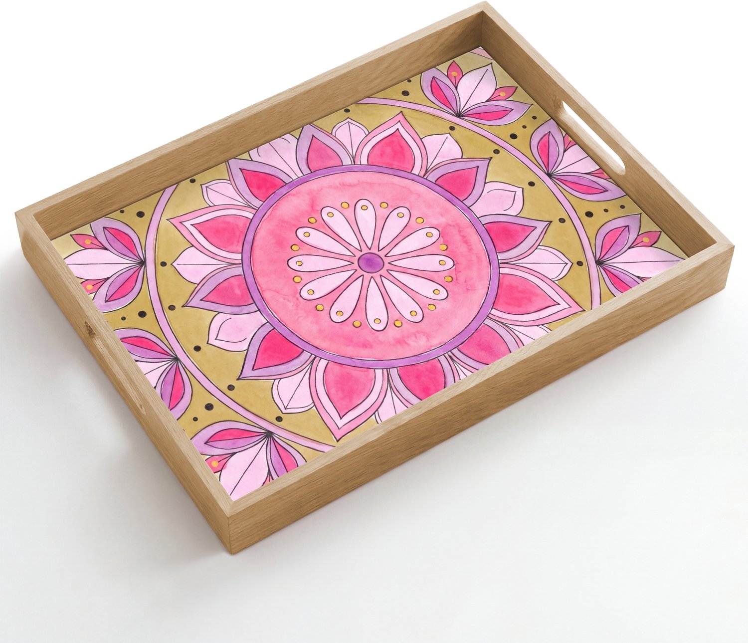 Dienblad hout 50x35 cm - Schootdienblad - Mandala - Patroon - Kunst - Aquarel - Roze - Borrelplank rechthoek - Plateau dienbladen