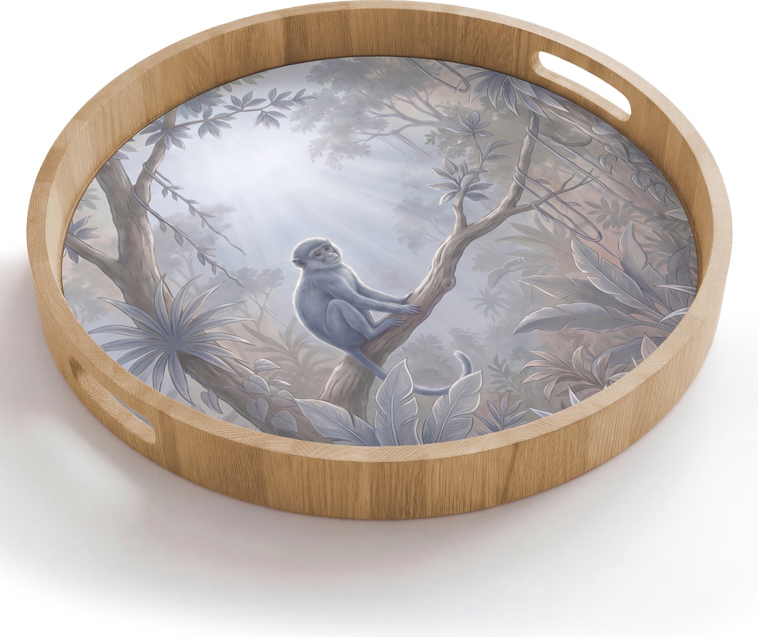 Dienblad rond 50x50 cm - Schootdienblad hout - Aap - Boom - Jungle - Natuur - Grijs - Borrelplank rechthoek - Plateau houten dienbladen