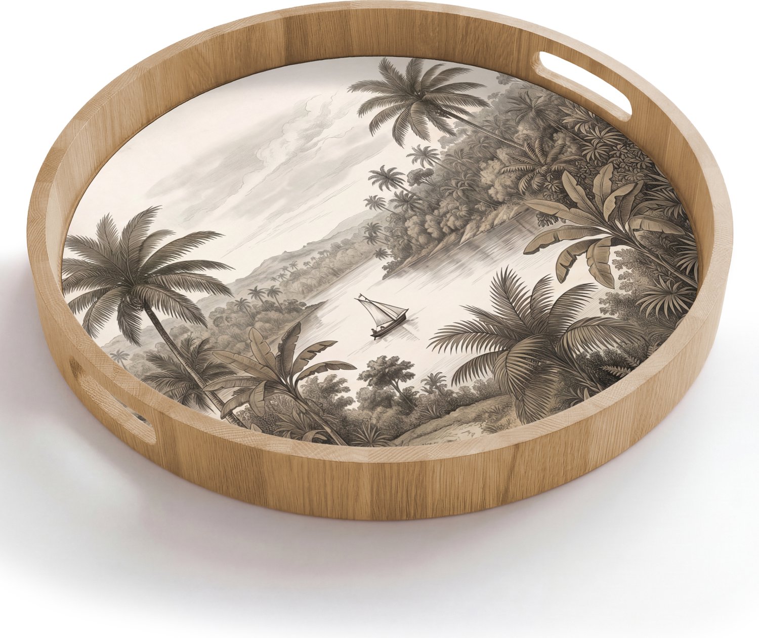 Dienblad rond 50x50 cm - Schootdienblad hout - Landschap - Rivier - Boot - Tropisch - Vintage - Borrelplank rechthoek - Plateau houten dienbladen