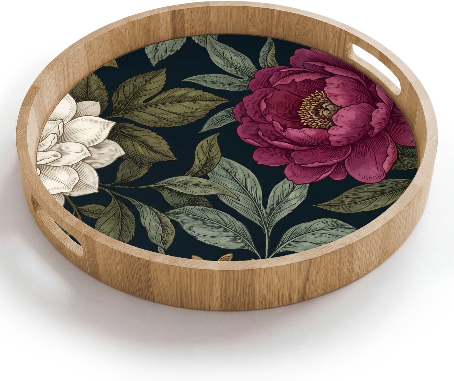 Dienblad rond 40x40 cm - Schootdienblad hout - Bloemen - Botanisch - Illustratie - Donker - Vintage - Borrelplank rechthoek - Plateau houten dienbladen
