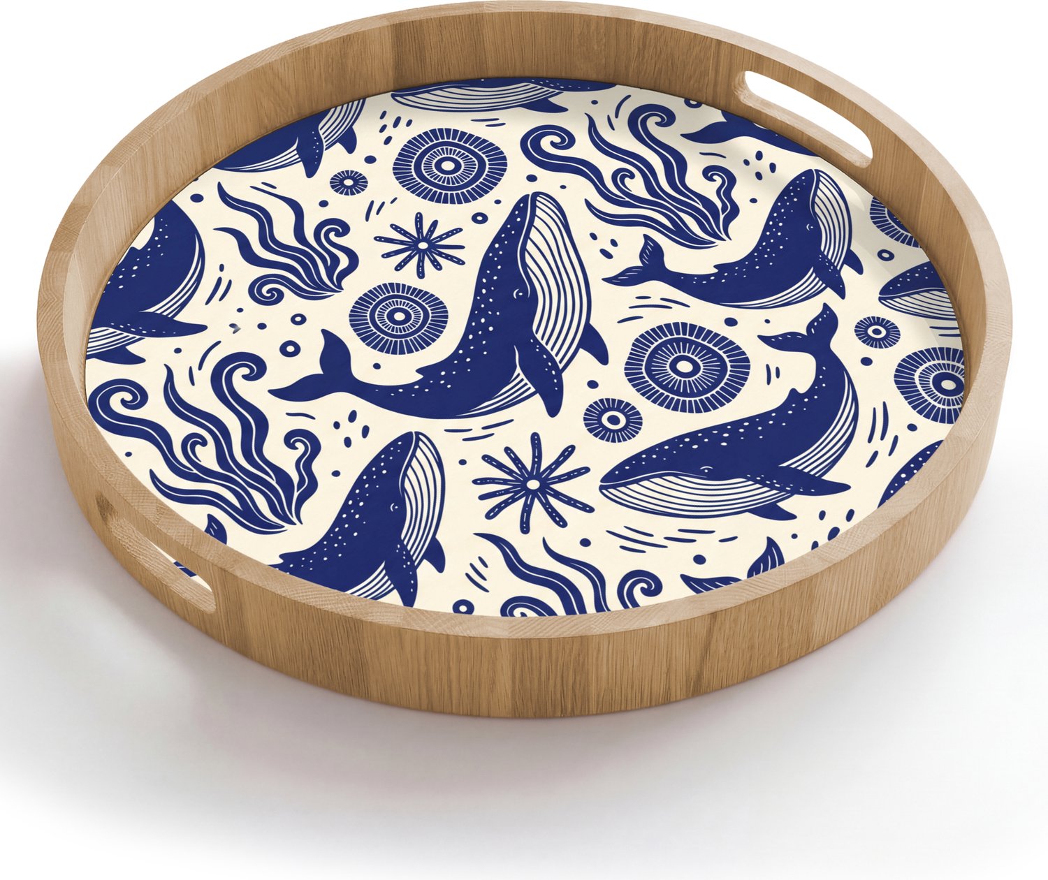 Dienblad rond 50x50 cm - Schootdienblad hout - Walvis - Onderwater - Dieren - Abstract - Blauw - Borrelplank rechthoek - Plateau houten dienbladen