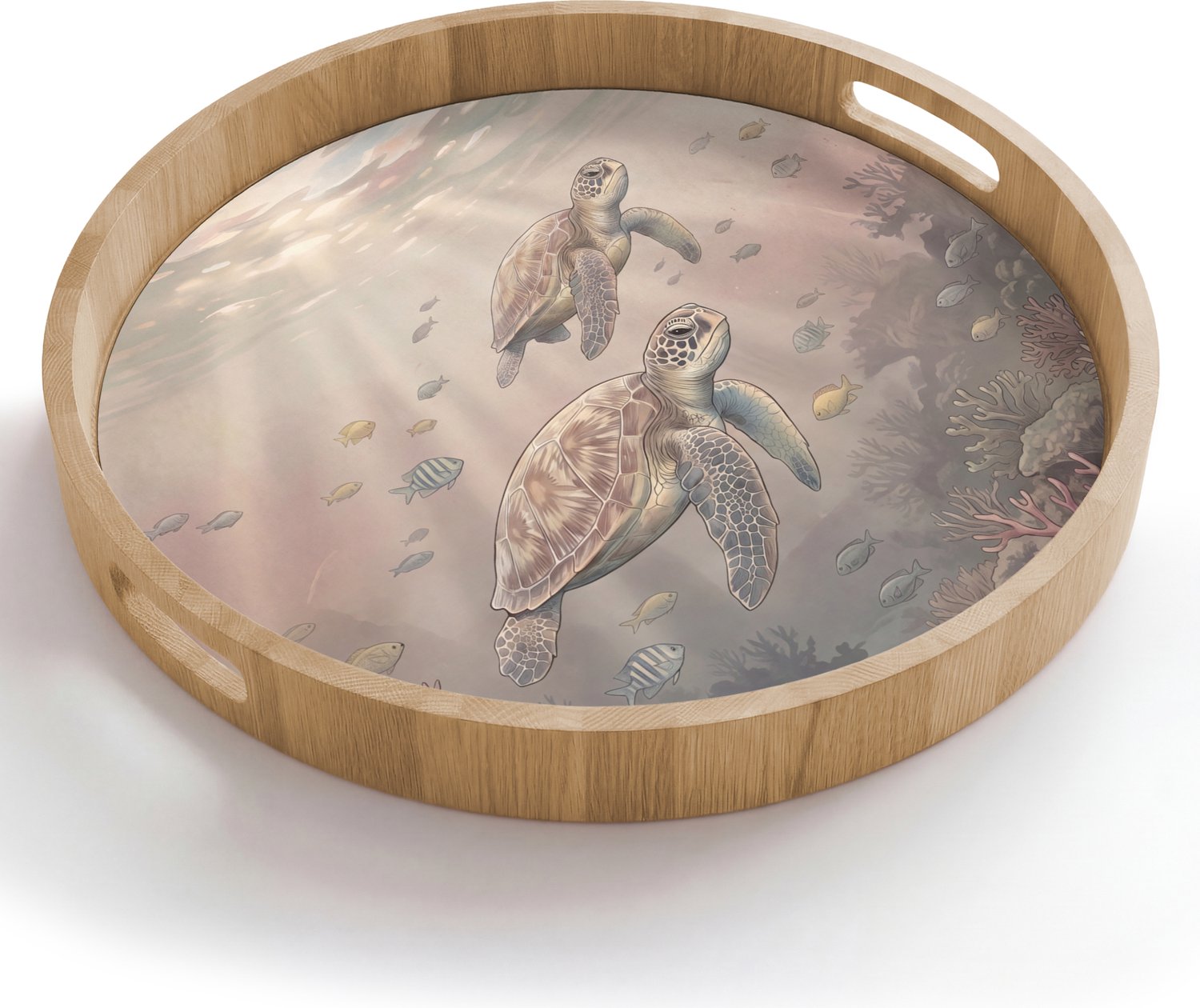 Dienblad rond 50x50 cm - Schootdienblad hout - Dier - Onderwater - Oceaan - Illustratie - Zeeleven - Borrelplank rechthoek - Plateau houten dienbladen