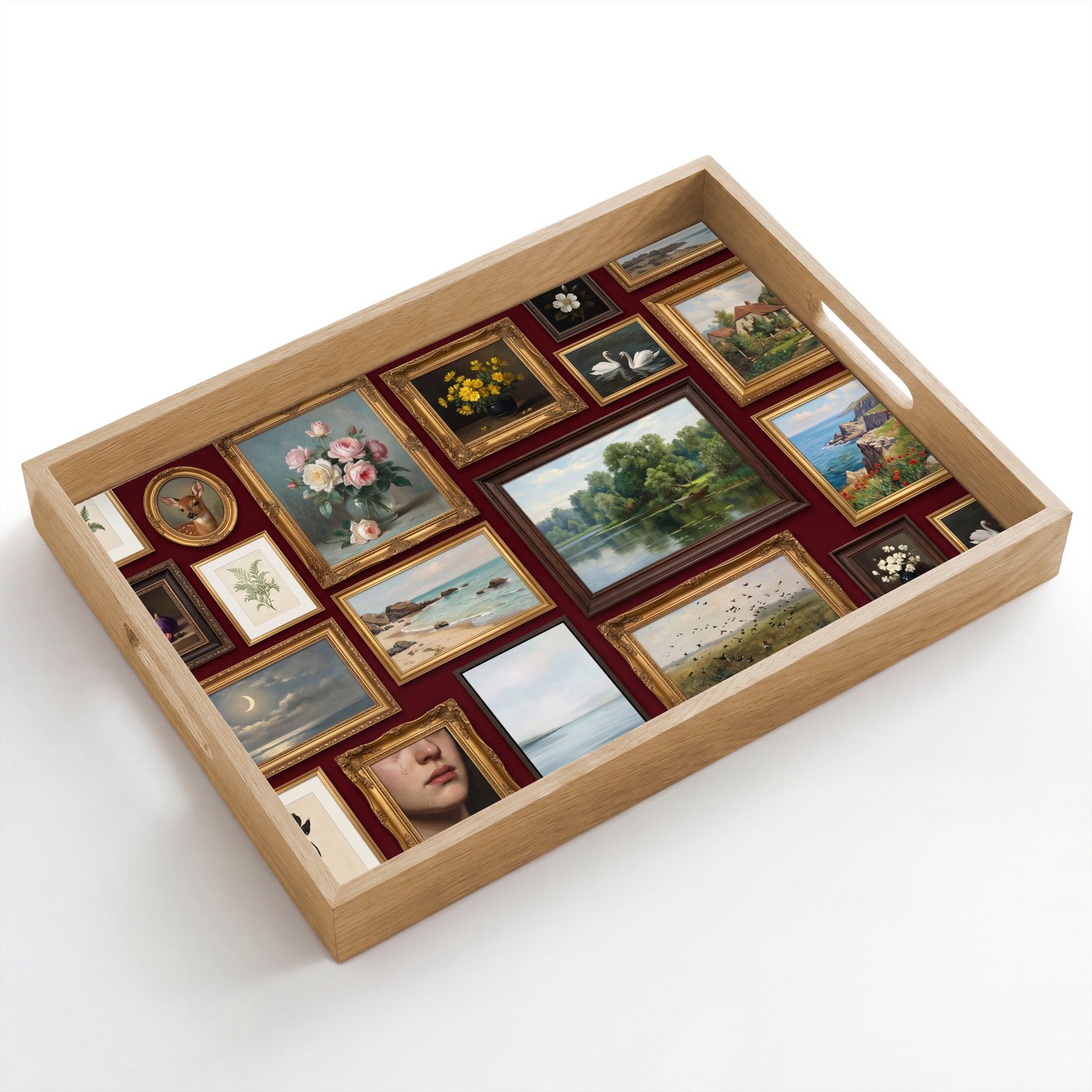 Dienblad hout 50x35 cm - Schootdienblad - Bloemen - Vaas - Klassiek - Kunst - Rood - Borrelplank rechthoek - Plateau dienbladen