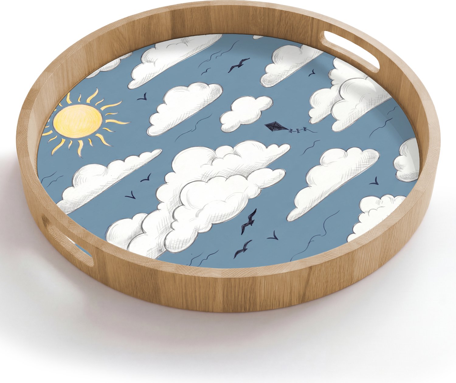 Dienblad rond 50x50 cm - Schootdienblad hout - Lucht - Zon - Wolken - Natuur - Blauw - Borrelplank rechthoek - Plateau houten dienbladen