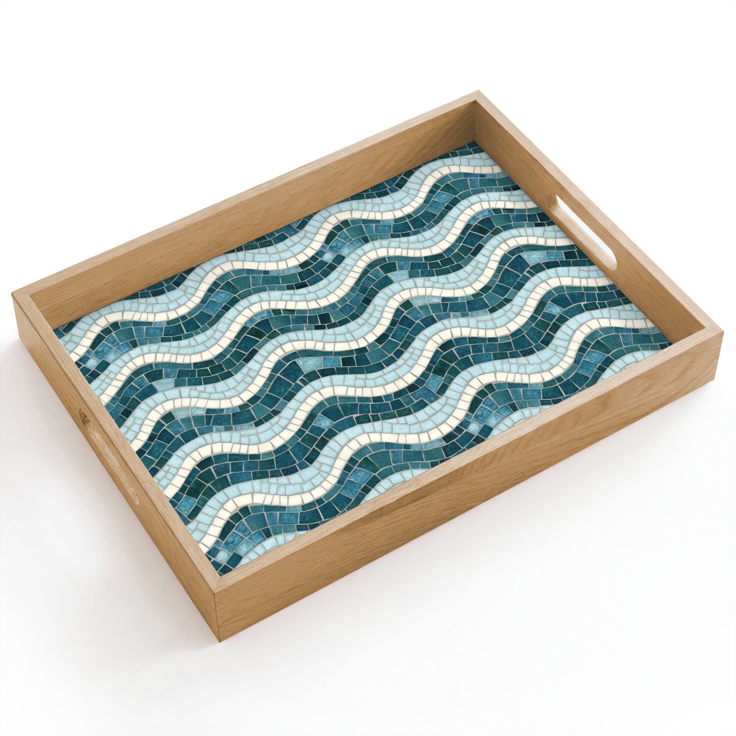 Dienblad hout 40x30 cm - Schootdienblad - Blauw - Wit - Mozaïek - Golvend - Borrelplank rechthoek - Plateau dienbladen