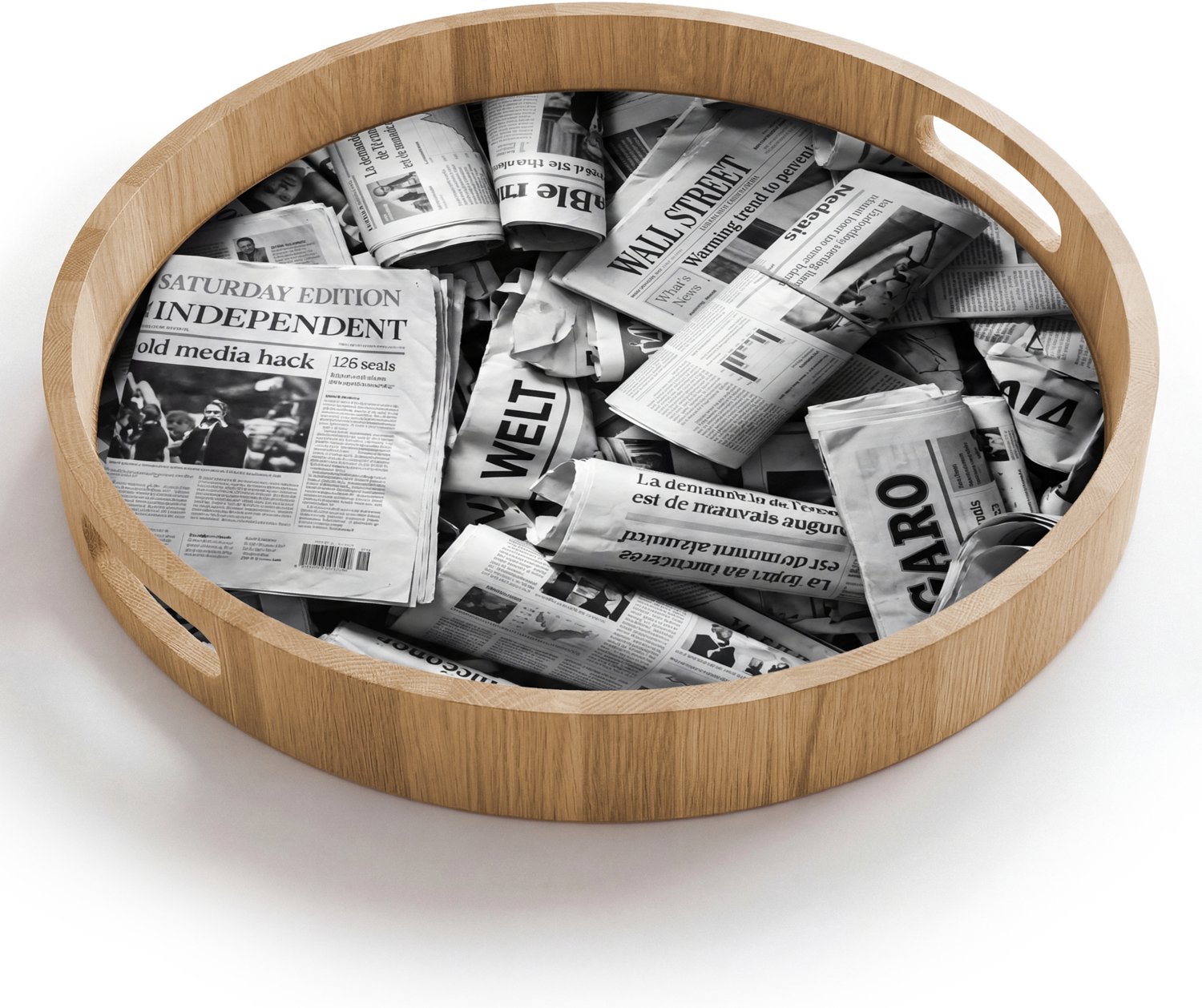 Dienblad rond 40x40 cm - Schootdienblad hout - Krant - Stapel - Nieuws - Zwart-wit - Borrelplank rechthoek - Plateau houten dienbladen