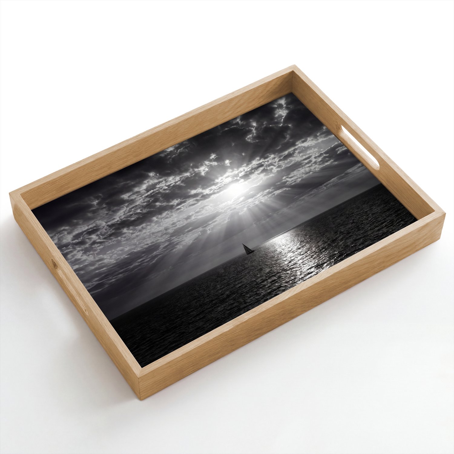 Dienblad hout 50x35 cm - Schootdienblad - Water - Boot - Lucht - Natuur - Zwart-wit - Borrelplank rechthoek - Plateau dienbladen