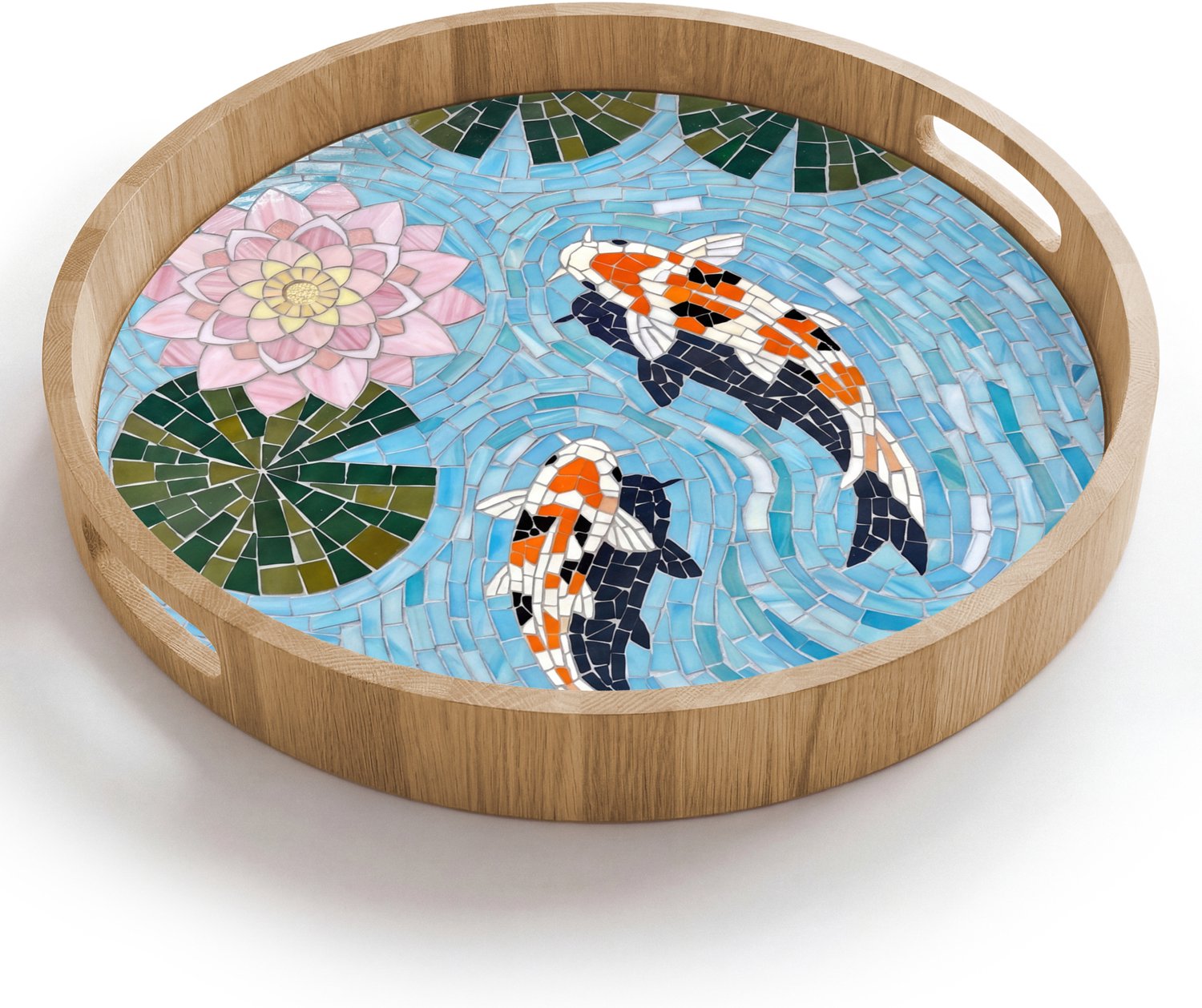 Dienblad rond 40x40 cm - Schootdienblad hout - Vis - Water - Natuur - Mozaïek - Blauw - Borrelplank rechthoek - Plateau houten dienbladen