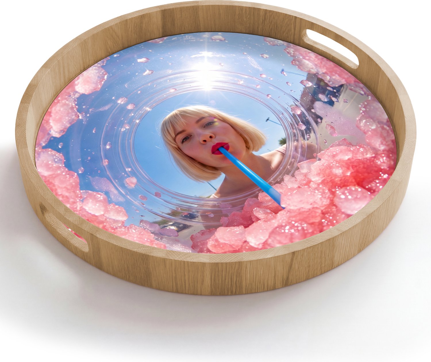 Dienblad rond 50x50 cm - Schootdienblad hout - Vrouw - Drank - Zomer - Roze - Blauw - Borrelplank rechthoek - Plateau houten dienbladen