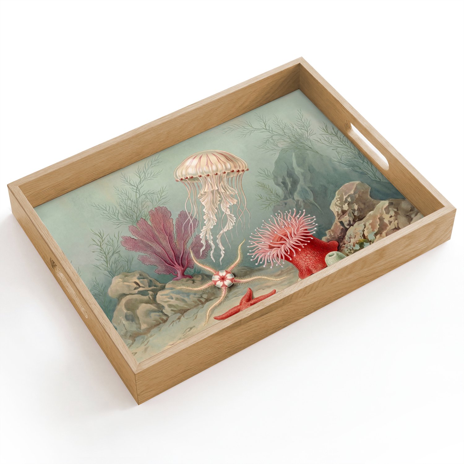 Dienblad hout 40x30 cm - Schootdienblad - Zeeleven - Kwal - Onderwater - Illustratie - Beige - Borrelplank rechthoek - Plateau dienbladen