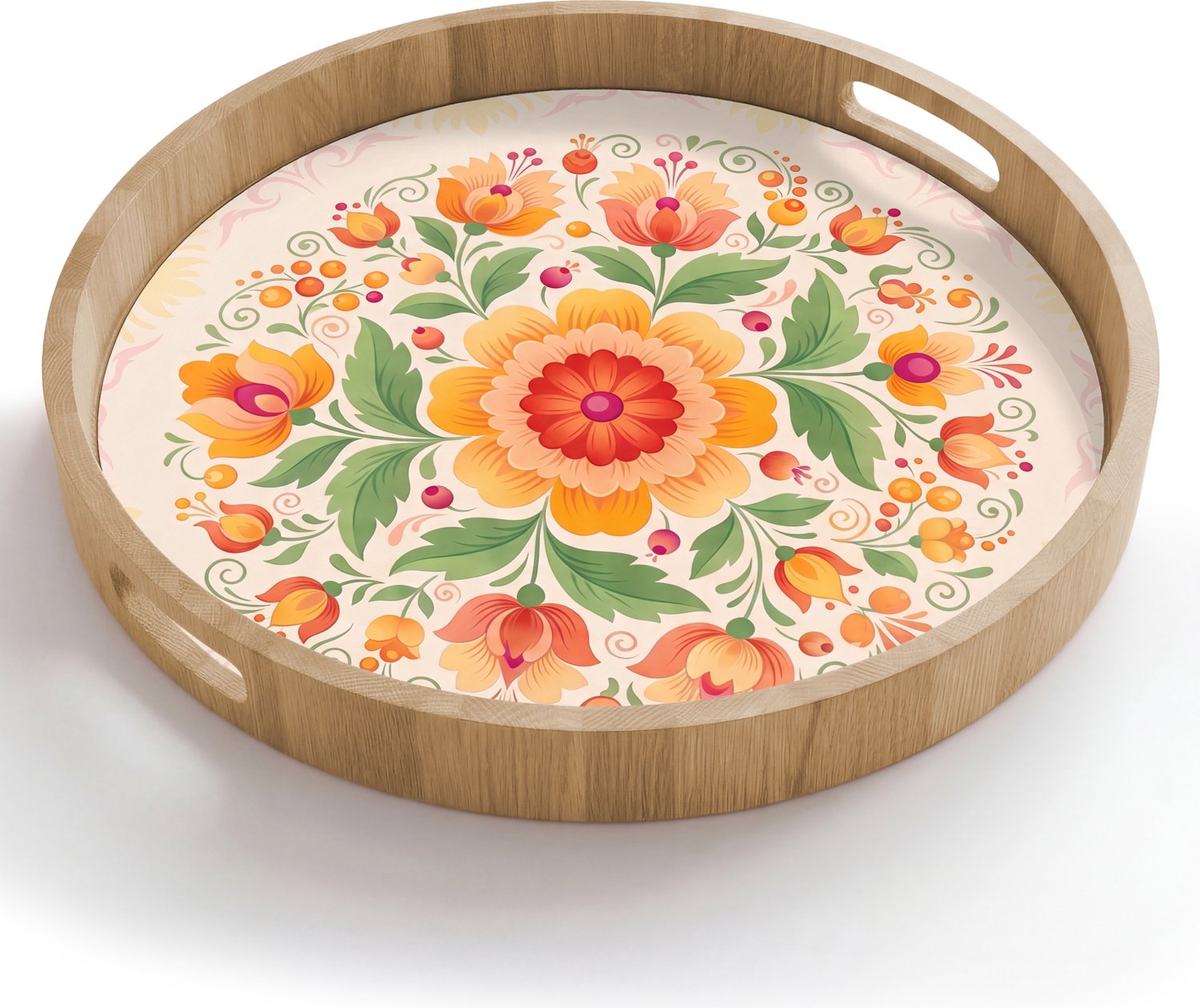 Dienblad rond 50x50 cm - Schootdienblad hout - Bloemen - Patroon - Decoratief - Oranje - Borrelplank rechthoek - Plateau houten dienbladen