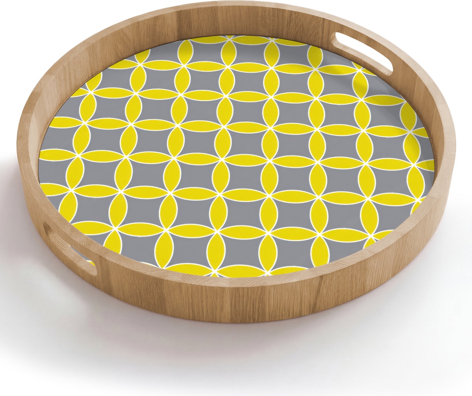 Dienblad rond 50x50 cm - Schootdienblad hout - Geometrisch - Cirkels - Modern - Grijs - Geel - Borrelplank rechthoek - Plateau houten dienbladen