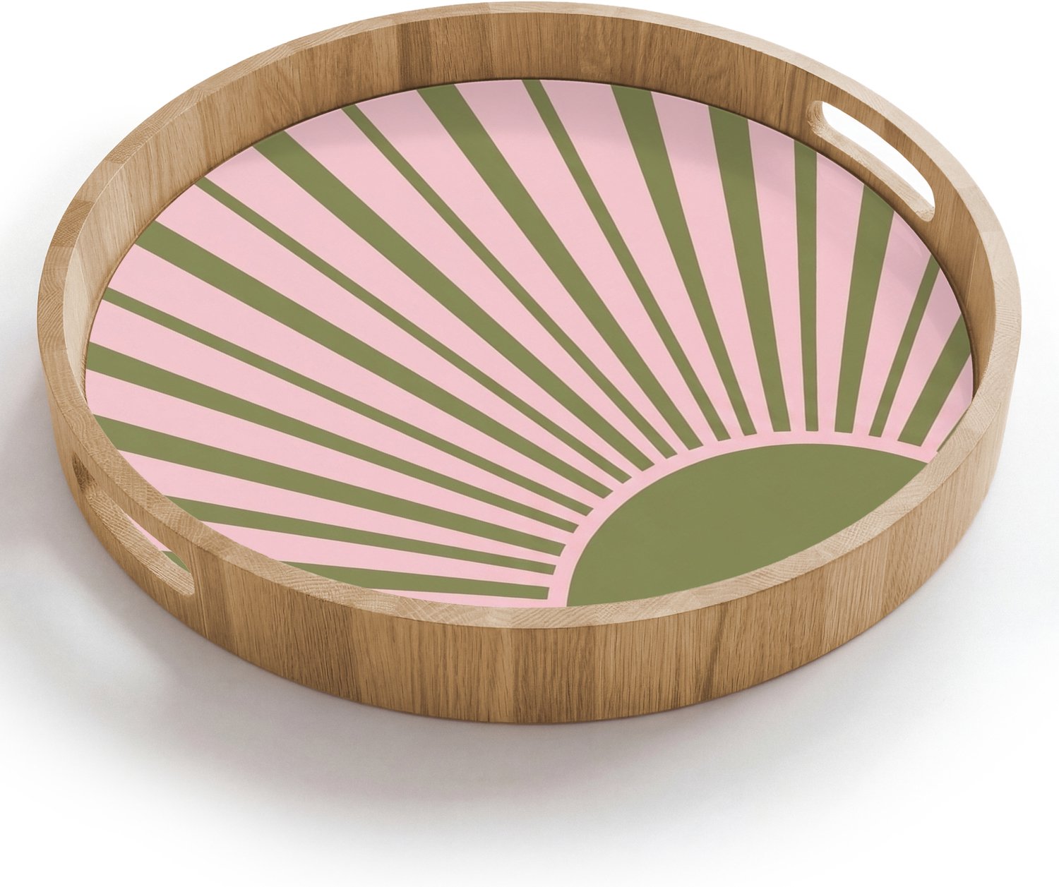 Dienblad rond 40x40 cm - Schootdienblad hout - Abstract - Stralen - Grafisch - Roze - Groen - Borrelplank rechthoek - Plateau houten dienbladen