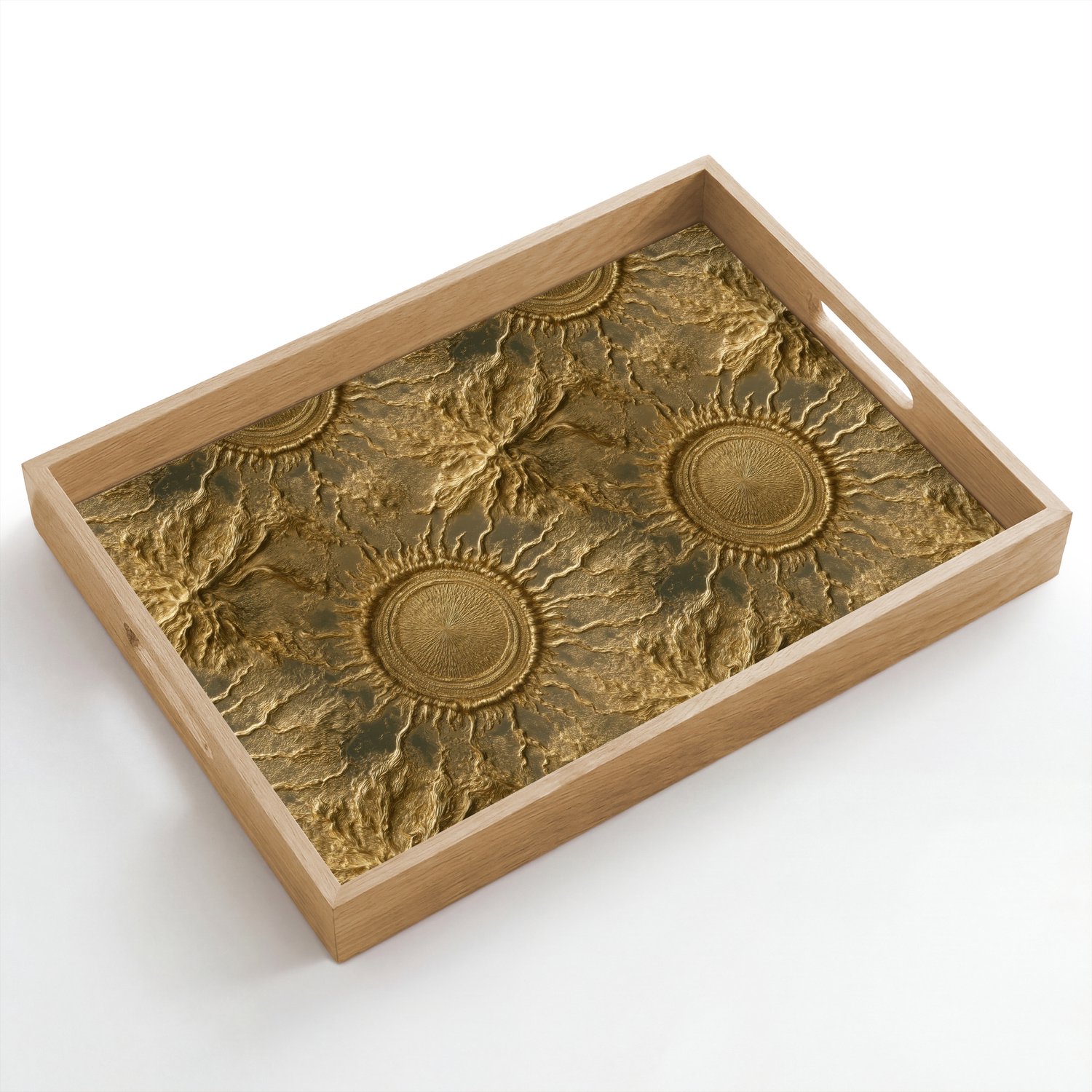 Dienblad hout 50x35 cm - Schootdienblad - Zon - Reliëf - Antiek - Goud - Borrelplank rechthoek - Plateau dienbladen