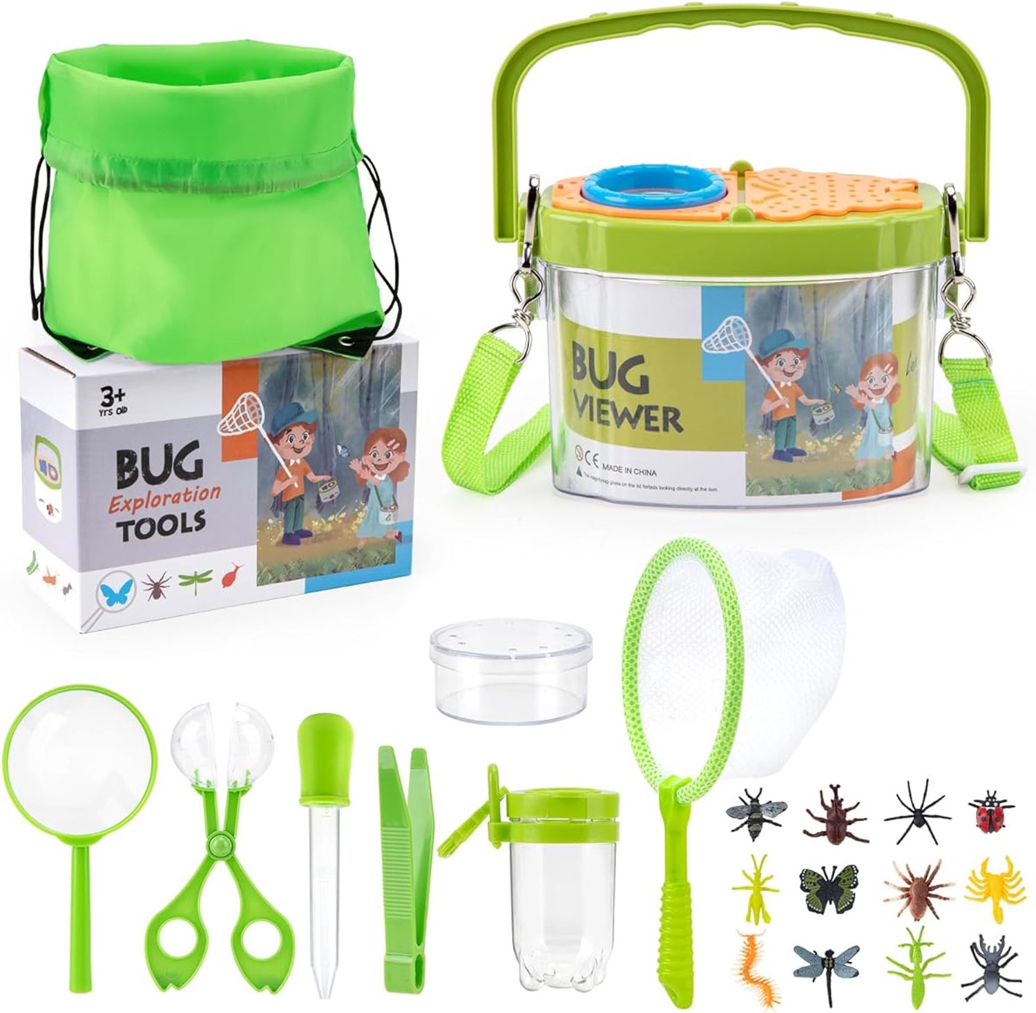 Insecten Observatieset Kinderen - Natuur Ontdek Speelgoed - Met Vergrootglas, Vlindernet en Insectentang - Draagbare Kijkbox - Voor Tuin, Park en Camping - 3-8 Jaar