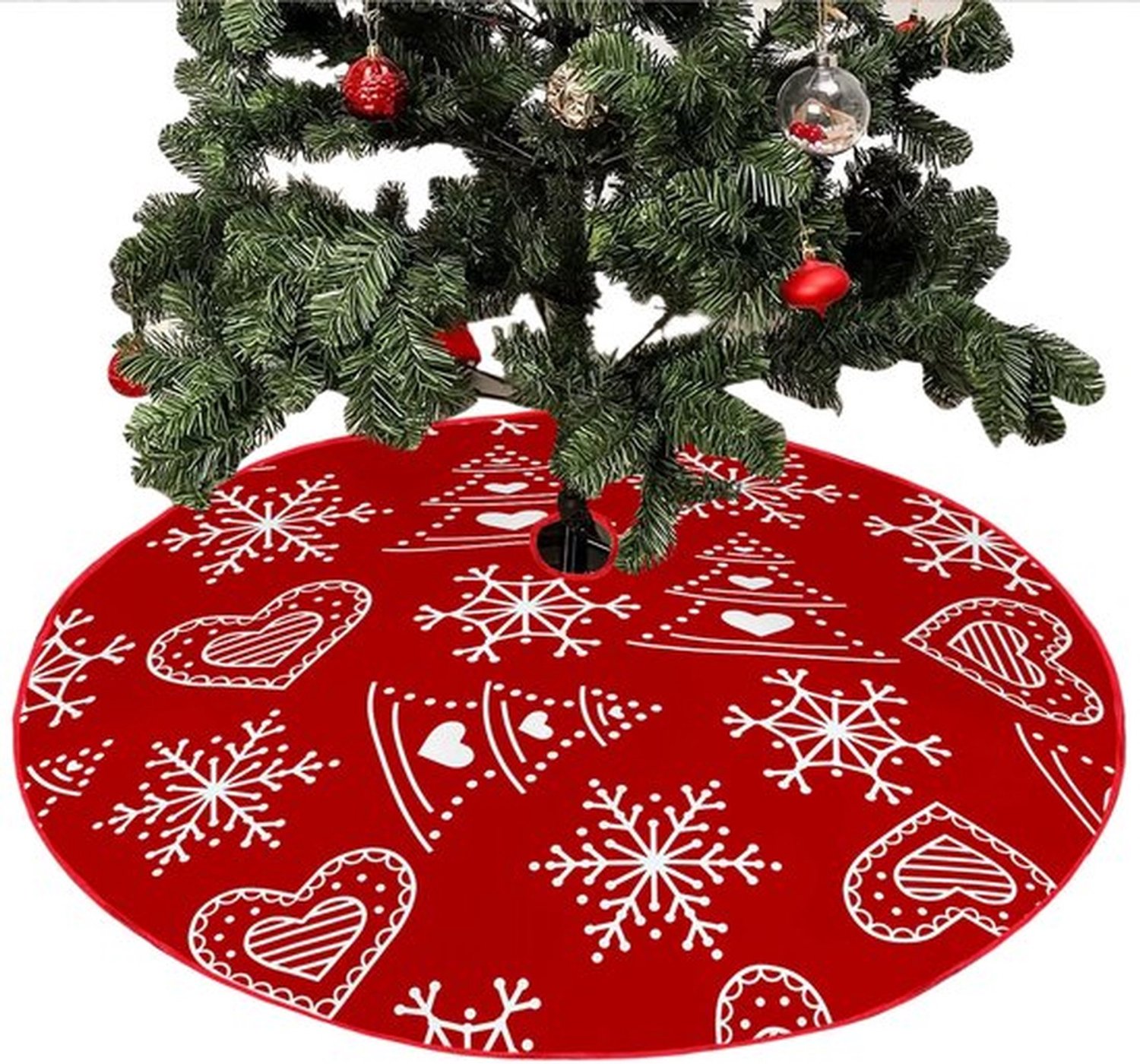 Kerstboomrok 90 cm Rood Kort Pluche | Sneeuwvlok & Hart Motief Boomkleed voor Kerstboom, Feestdecoratie voor Kerstperiode