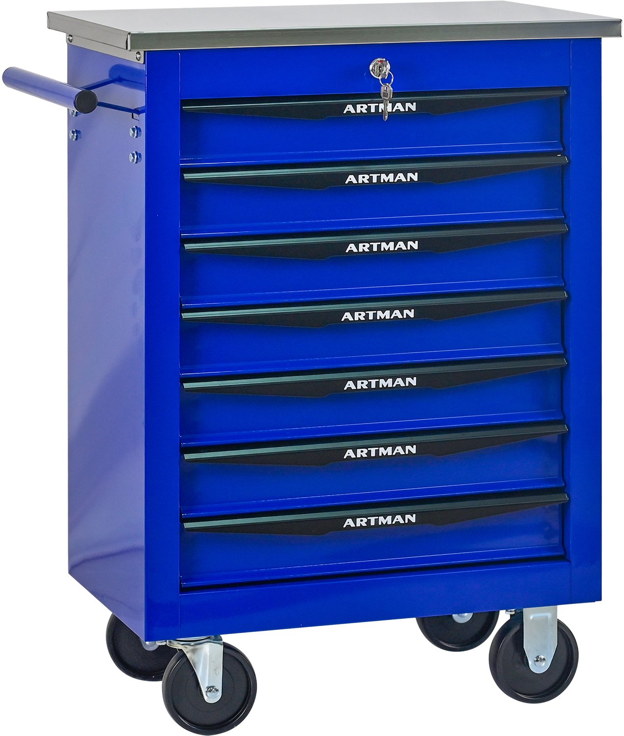 Gereedschapswagen Met 7 Laden - Afsluitbaar Met 4 Wielen En 2 Remmen - Stalen Kast Met Rvs Werkblad - Voor Garage En Werkplaats - Blauw En Zwart