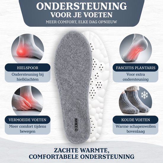 Grijze wollen inlegzool op een witte basis met illustraties voor hielspoor en vermoeide voeten.