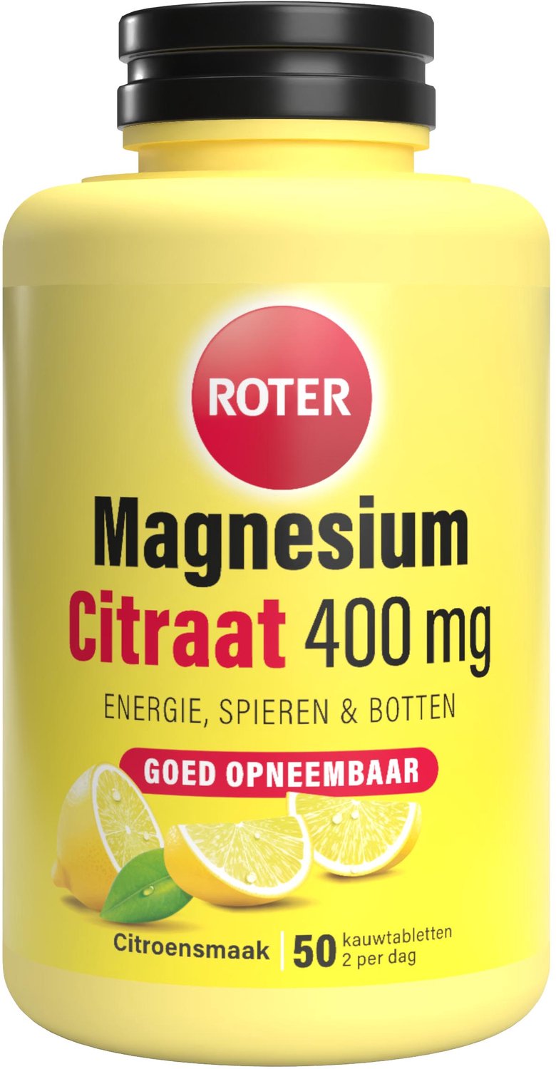 Roter Magnesium Citraat 400 mg - Goed opneembaar - Goed voor energie, spieren en botten - Tabletten hooggedoseerd - Citroensmaak - 50 kauwtabletten
