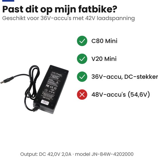 Originele Fatbike Mini Oplader 42V 2A - Geschikt voor C80 Mini & V20 Mini - DC Aansluiting van Merkloos — afbeelding 2