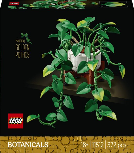 LEGO Botanicals verpakking, 372 stuks, toont de gebouwde Golden Pothos plant in een witte pot op een bruine standaard.