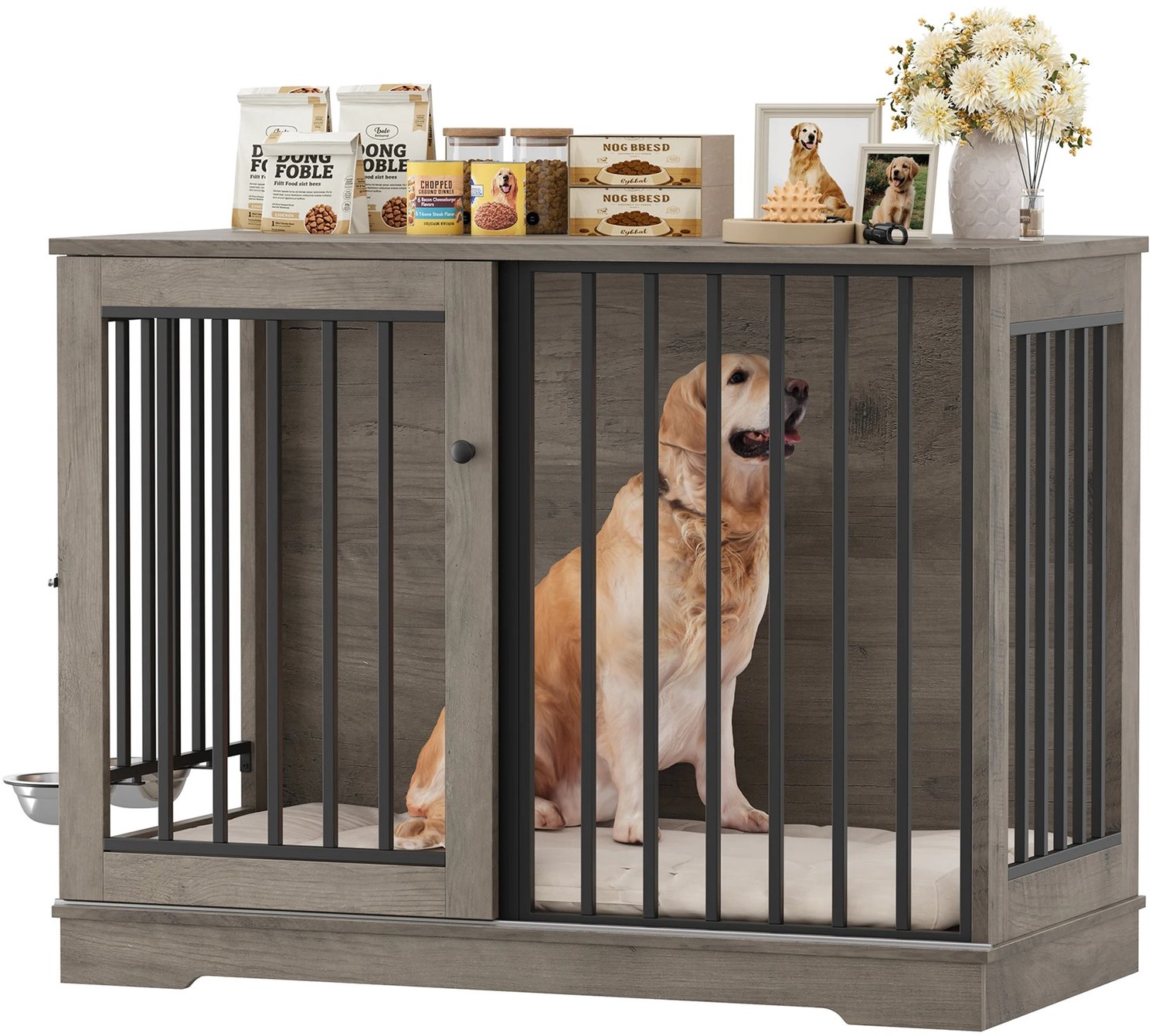 VILIMA - Hondenbench - Hondenbench meubel - 120x60x90 cm - Hondenbench voor grotere honden - Stijlvol - Sterk - Grijs - Zwart