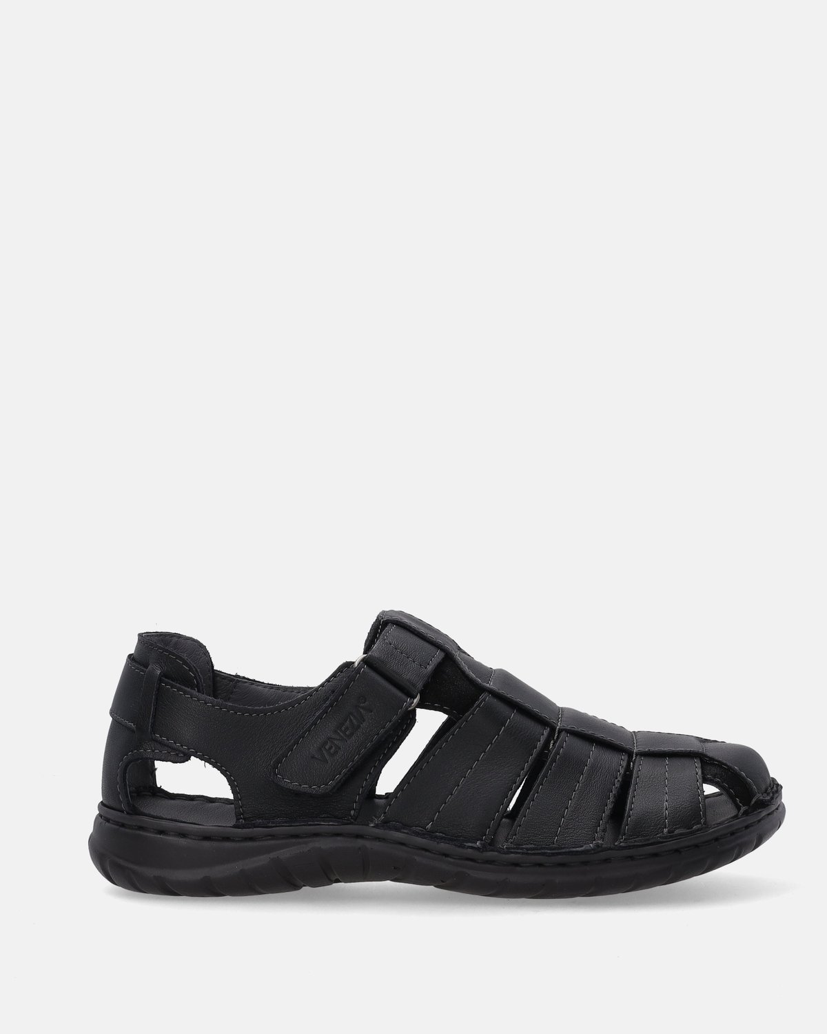 Venezia Heren Zwarte Leren Sandalen met Klittenband