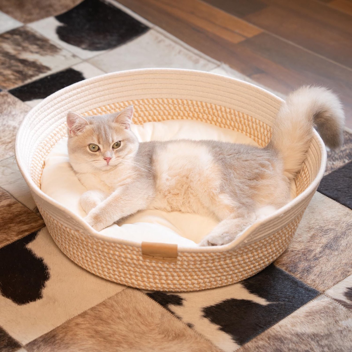 Kattenmand van Katoentouw met Uitneembaar Kussen - Katten Mandje voor Kat en Kleine Hond - 50cm - Wasbaar - Mokka