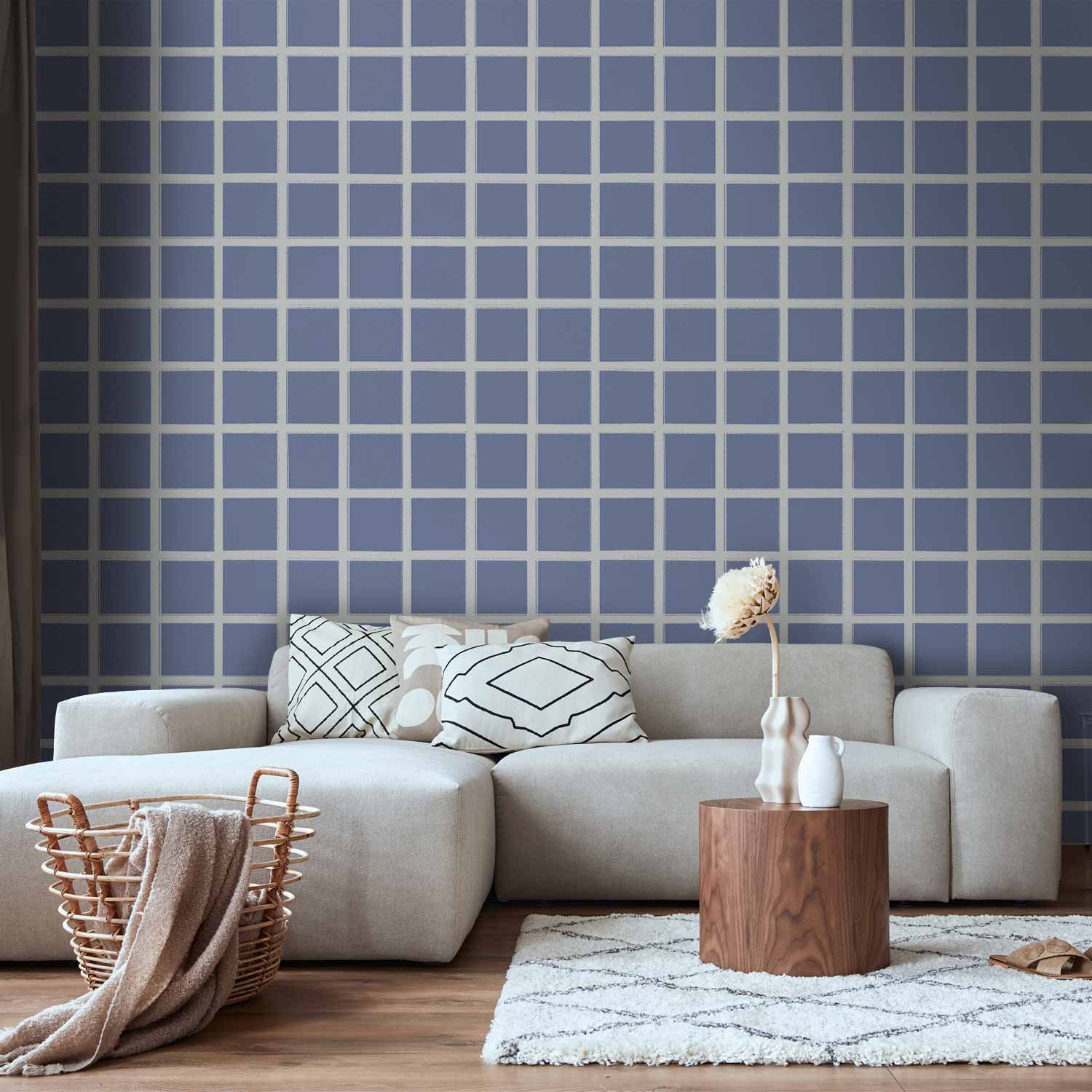 Behang - Lines and Symmetry - Expressive White Grid on a Blue Background