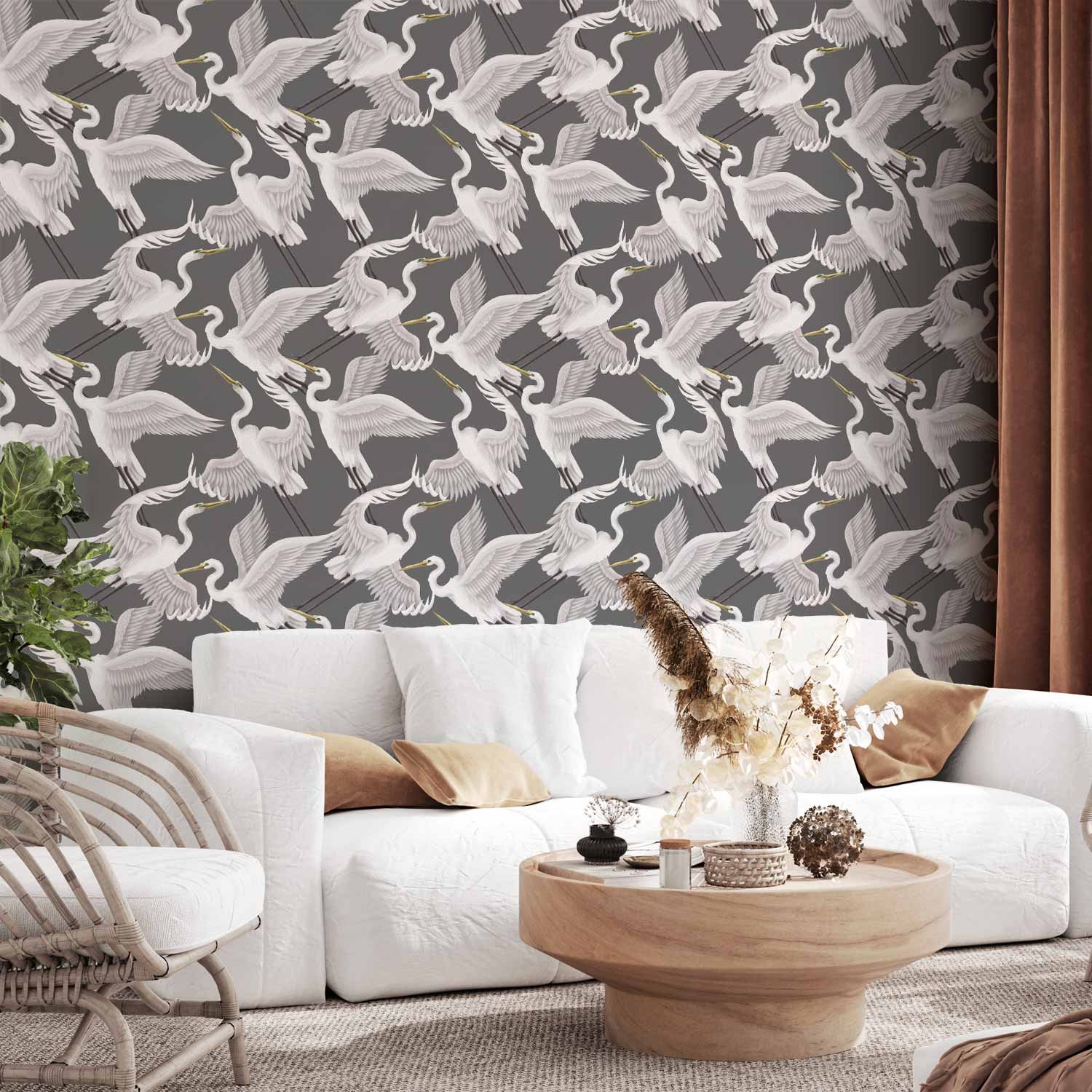Behang - Flying birds – a delicate pattern of white and grey herons on a grey background