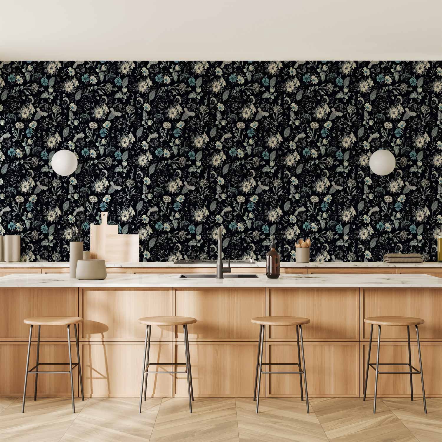 Behang - Fragrant flowers and herbs - blue