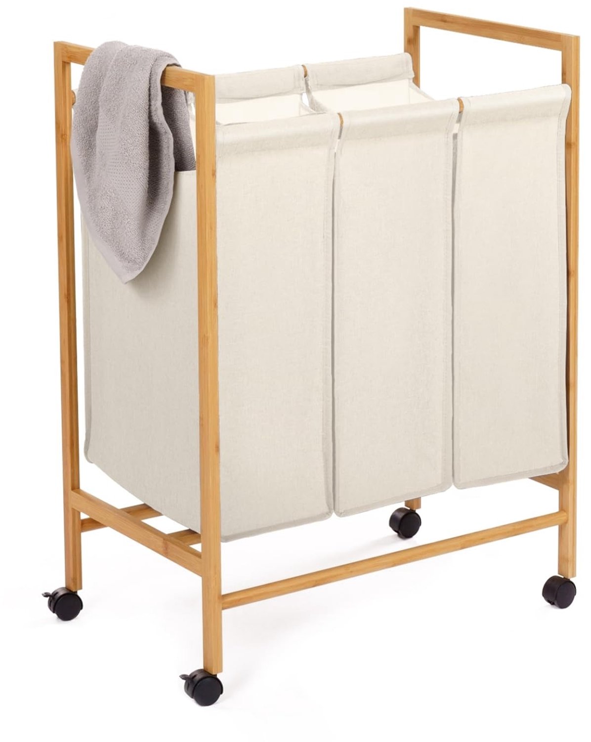 Famanu – Wasmand met 3 compartimenten van bamboe, natuurlijk kleuren, met wielen