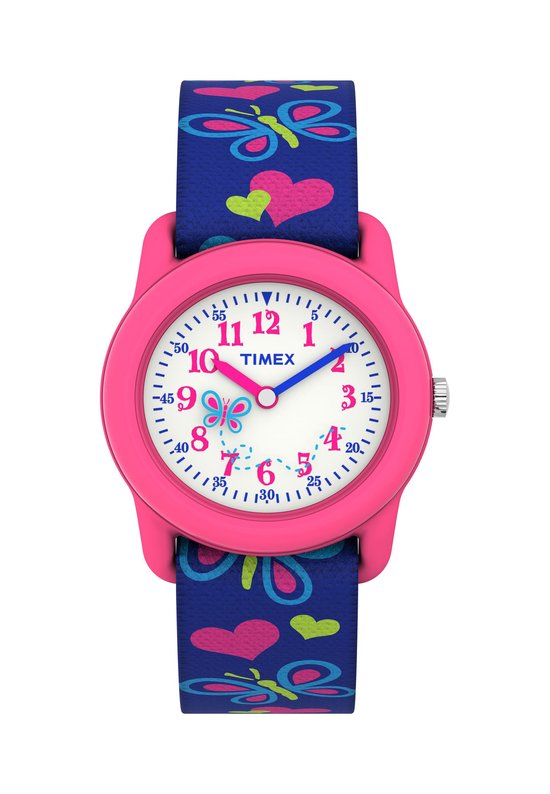 Roze horloge met witte wijzerplaat en blauwe band met vlinders en harten.