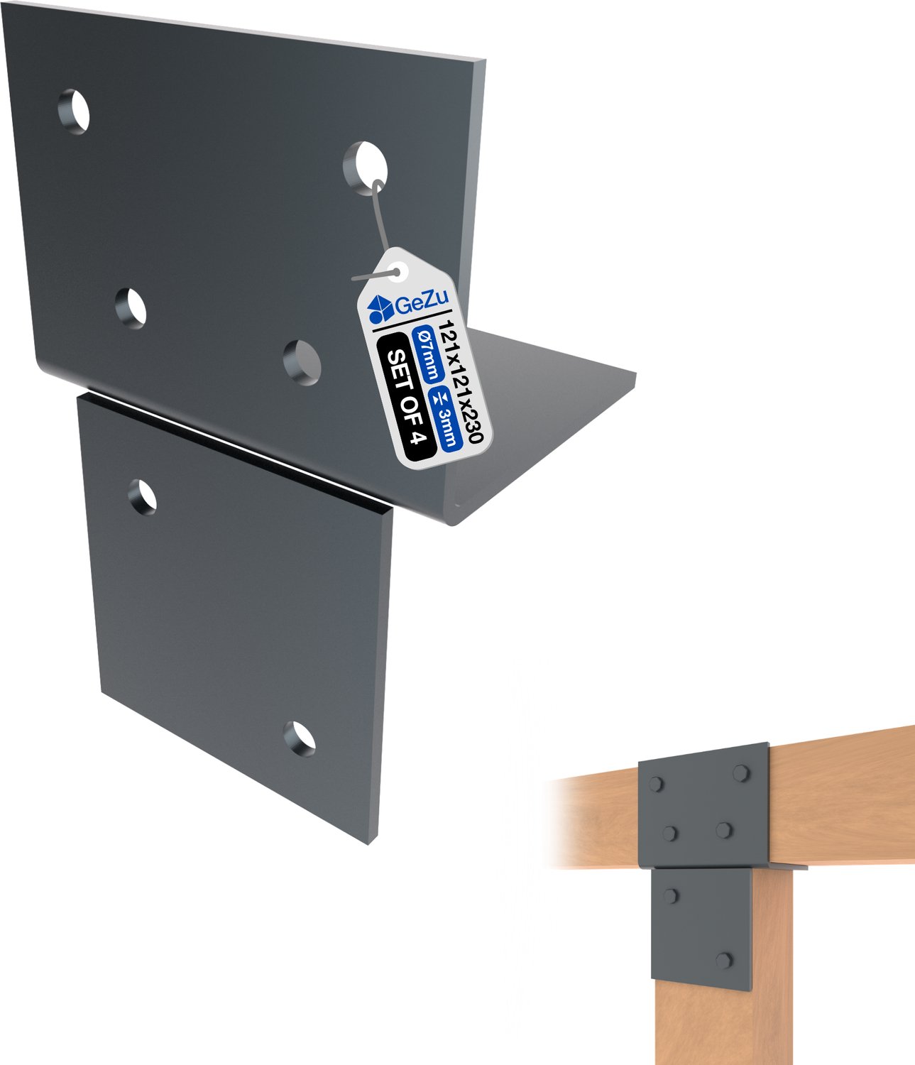 GeZu Impex Houtverbinding T Stuk 121 x 121 mm | T Ext. set van 4 Gecoat Antraciet Poeder T-Verbindingsbeugel Muur- &