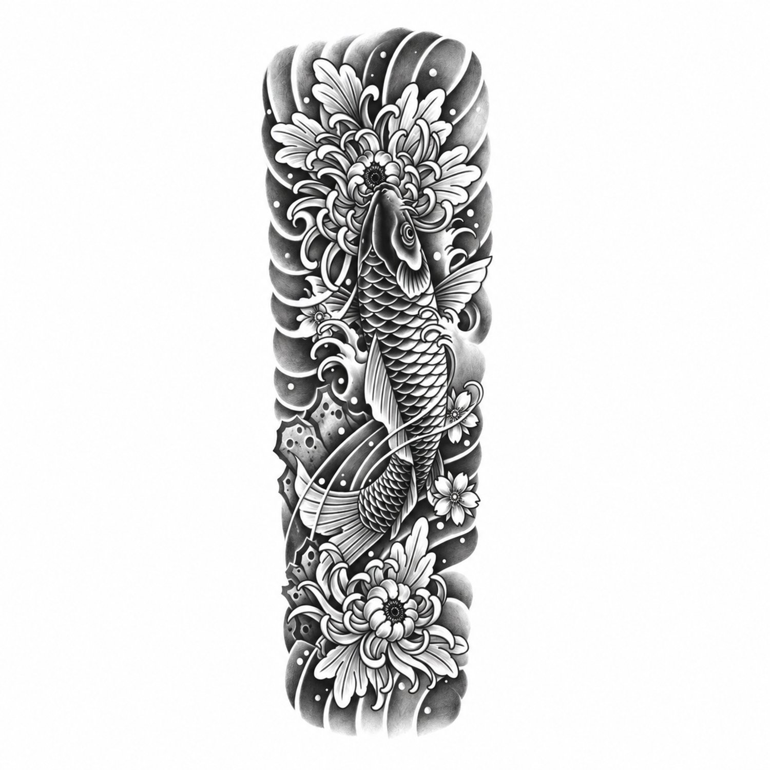 INKC - Tijdelijke Tattoo - Koi en Chrysanten Sleeve - Nep Tattoo - Plak Tattoos - Blijft tot 2 weken - 16 x 47cm