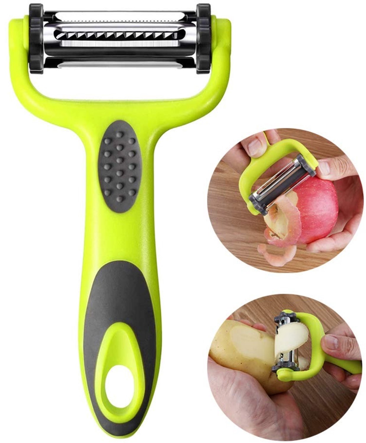 Famanu – 3-in-1 dunschiller voor groente en fruit, multifunctionele roterende dunschiller met 3 roestvrijstalen messen: gekarteld, recht en Julienne, antislip handgreep in groen