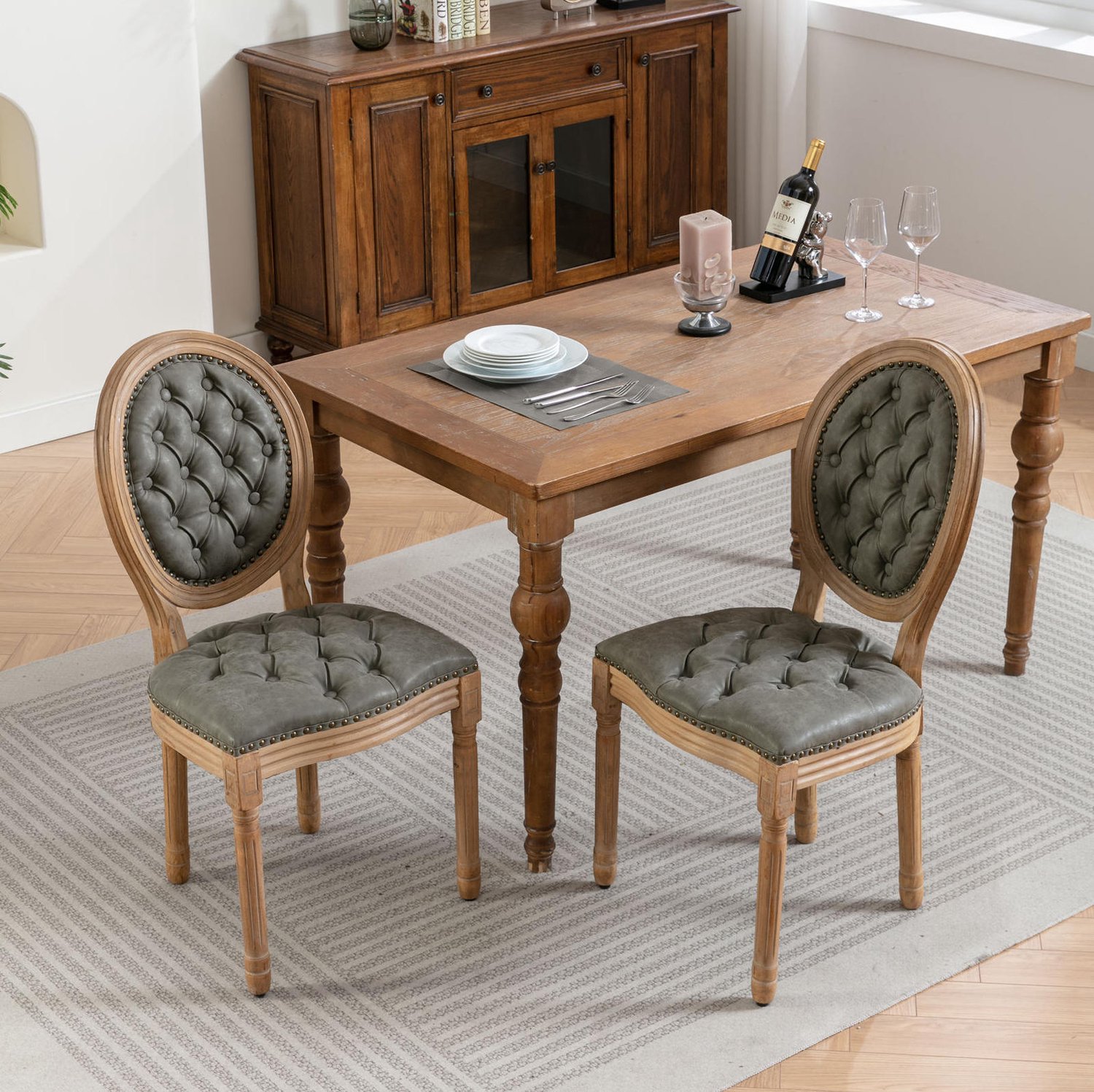 WUVRIE Eetkamerstoelen set van 2 - Gecapitonneerd kunstleer en houten frame - Olijfgroen